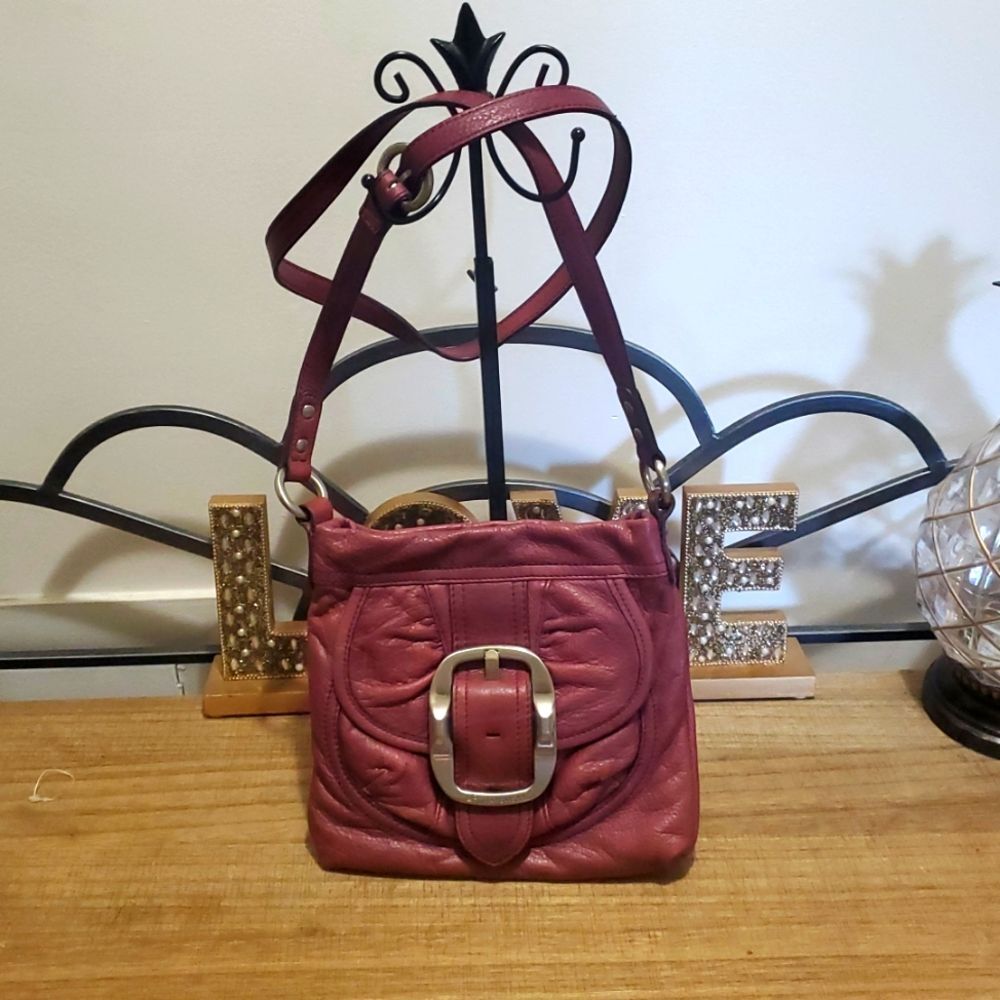 B. Makowsky Womens Burgundy Leather Pebble Crossbody Shoulder Bag Satchel Hippie